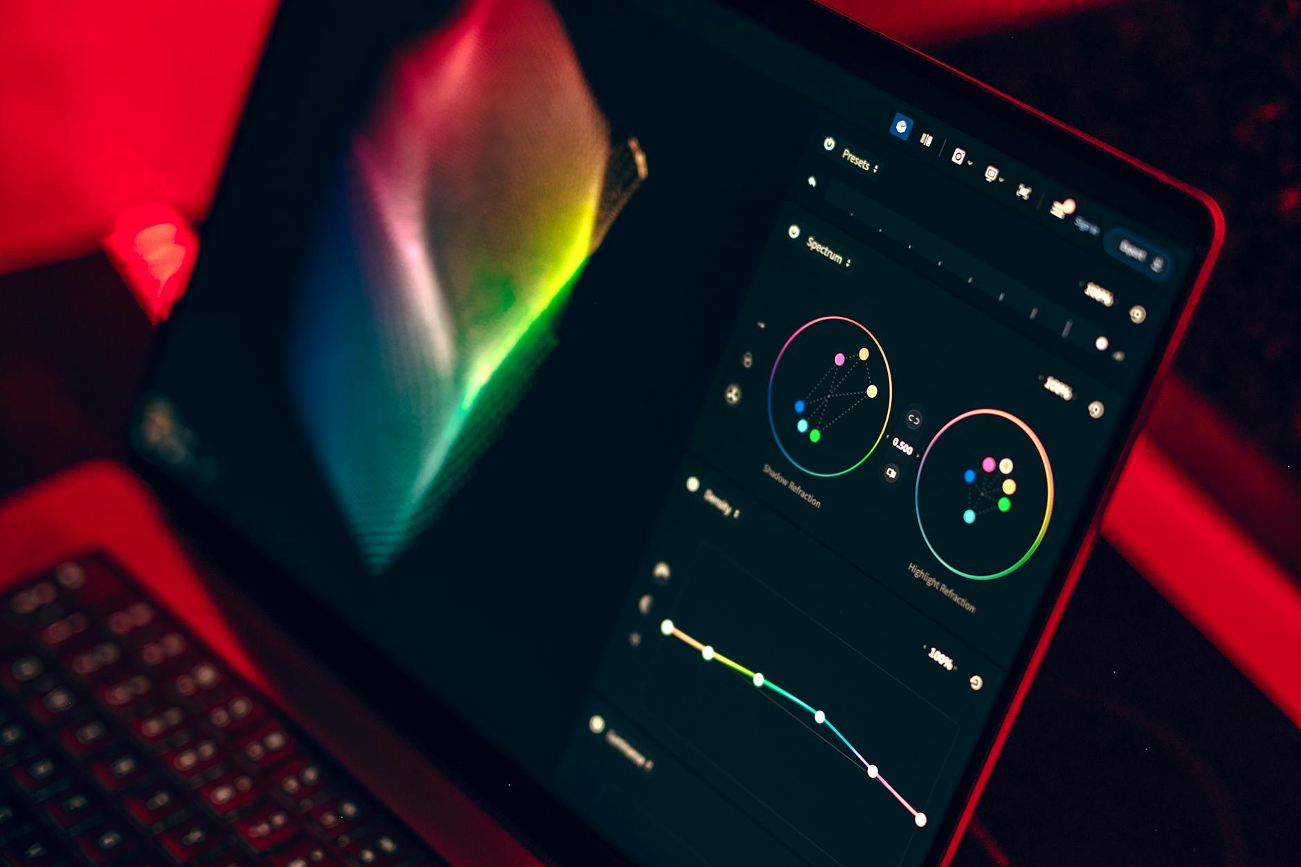 Color grading specialist working with DaVinci Resolve showing professional color wheels and scopes interface