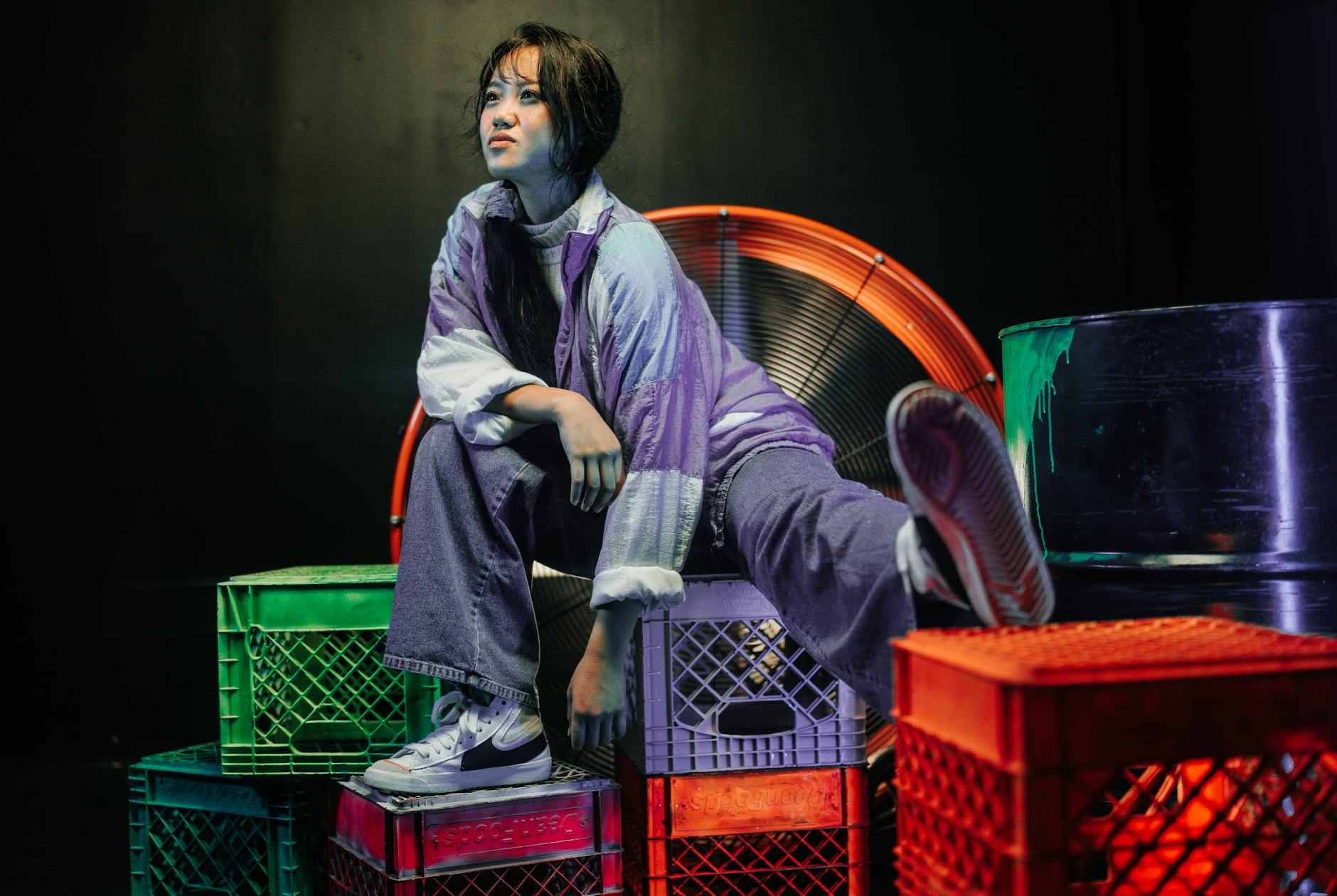 Professional fashion photography with vibrant colors and high contrast editing in urban setting